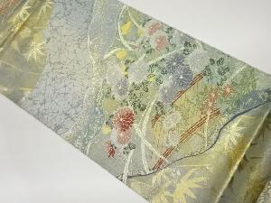 引箔道長取りに橋・菊・竹模様織出し袋帯